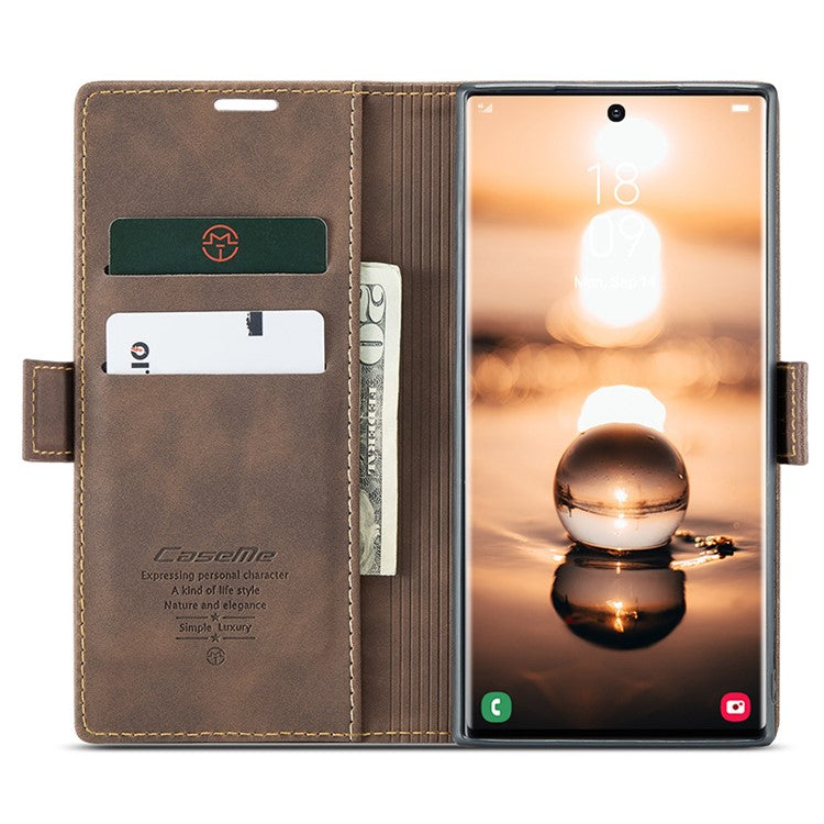 CASEME 013 Series For Samsung Galaxy S24 Ultra Phone Case Anti-fall PU Leather Folio Stand Cover - Coffee