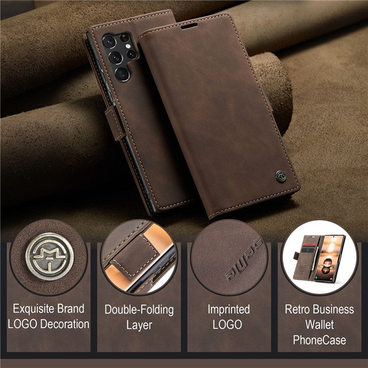 CASEME 013 Series For Samsung Galaxy S24 Ultra Phone Case Anti-fall PU Leather Folio Stand Cover - Coffee