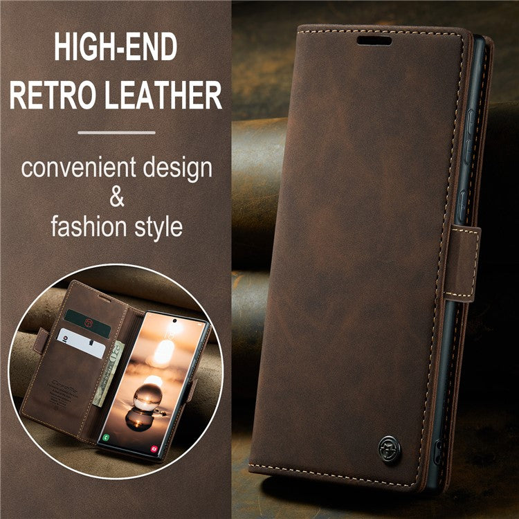 CASEME 013 Series For Samsung Galaxy S24 Ultra Phone Case Anti-fall PU Leather Folio Stand Cover - Coffee