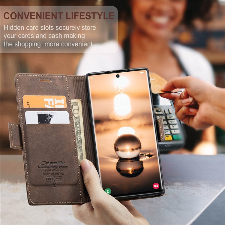 CASEME 013 Series For Samsung Galaxy S24 Ultra Phone Case Anti-fall PU Leather Folio Stand Cover - Coffee