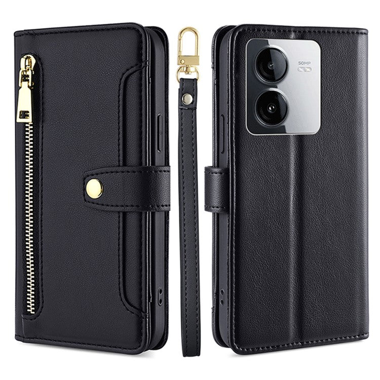 For vivo iQOO Z8x 5G / Y78t 5G Case Zipper Pocket Leather Phone Cover with 2 Straps - Black