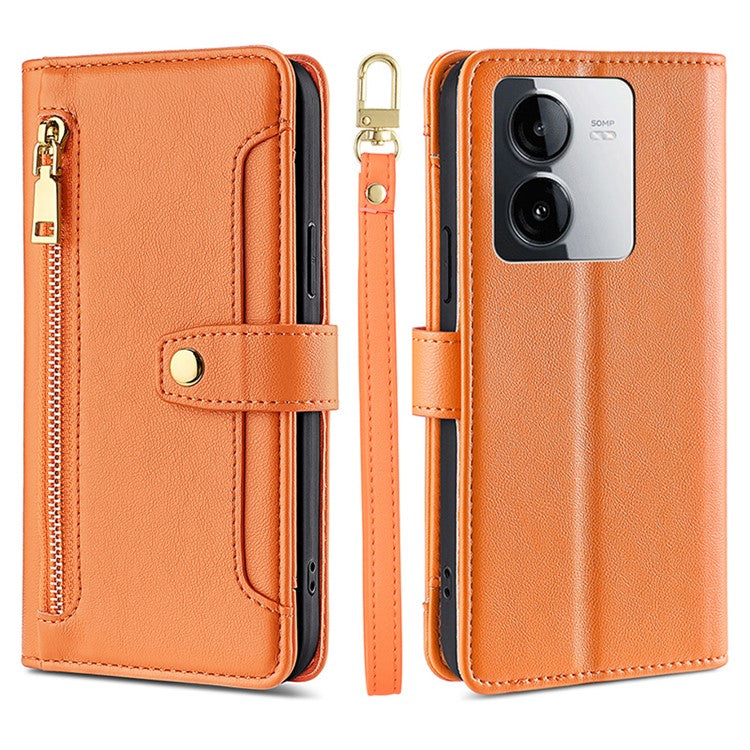 For vivo iQOO Z8x 5G / Y78t 5G Case Zipper Pocket Leather Phone Cover with 2 Straps - Orange