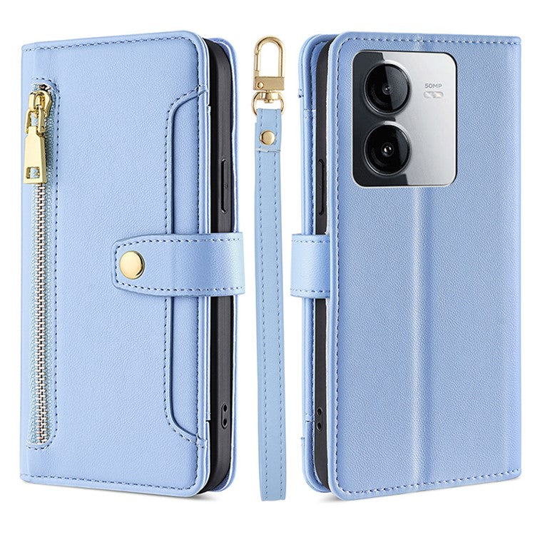 For vivo iQOO Z8x 5G / Y78t 5G Case Zipper Pocket Leather Phone Cover with 2 Straps - Blue