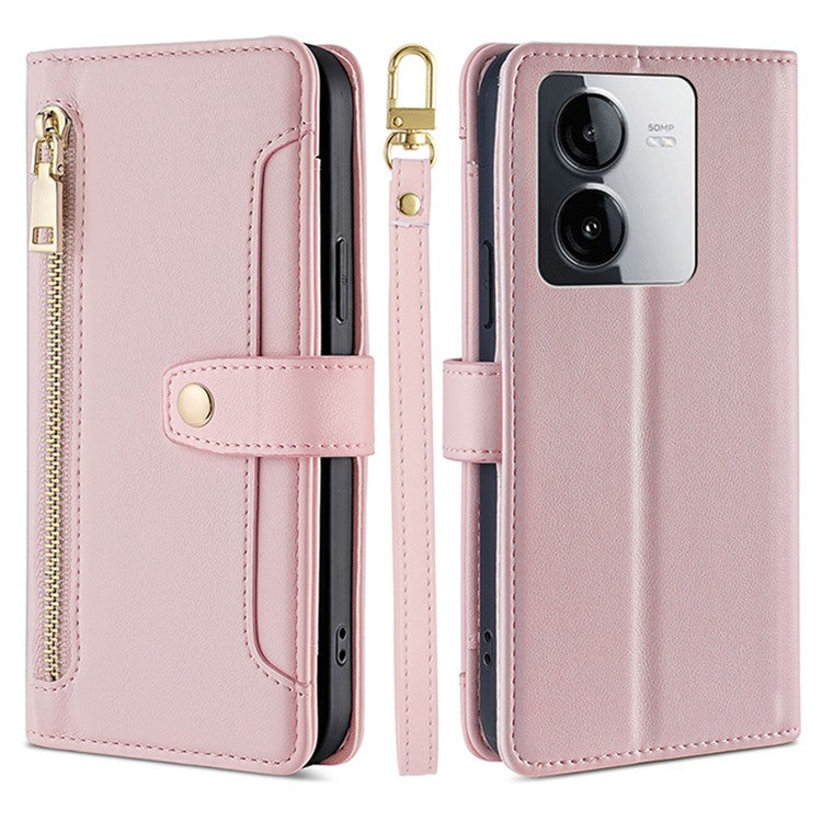 For vivo iQOO Z8x 5G / Y78t 5G Case Zipper Pocket Leather Phone Cover with 2 Straps - Pink