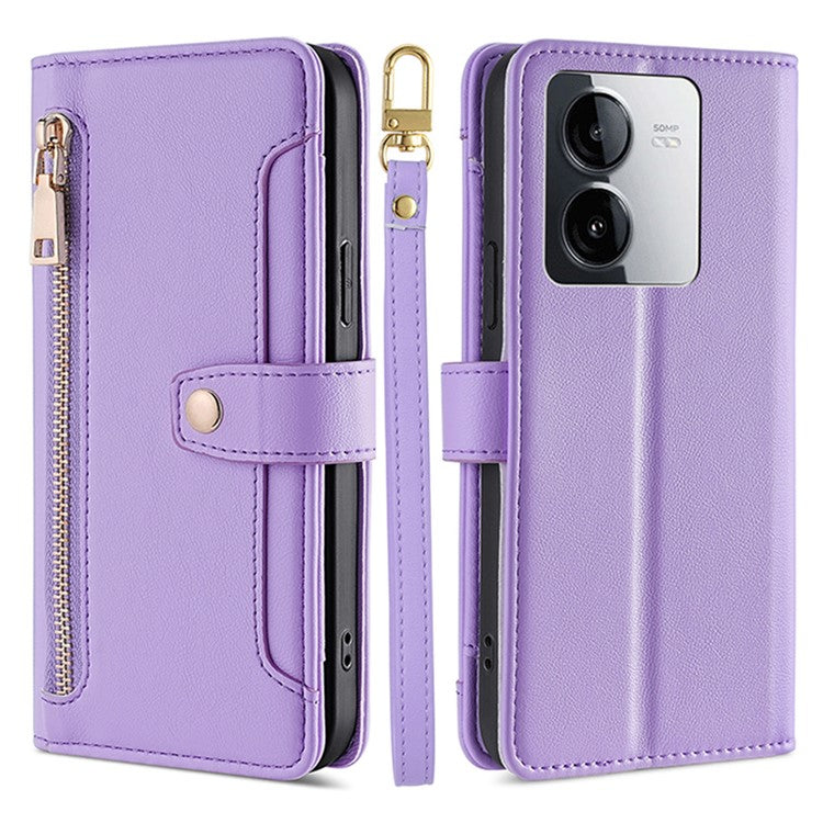 For vivo iQOO Z8x 5G / Y78t 5G Case Zipper Pocket Leather Phone Cover with 2 Straps - Purple