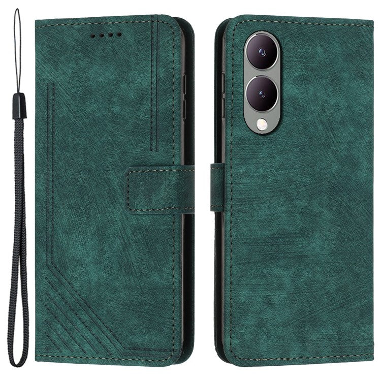 For vivo Y17s 4G Phone Case TPU+PU Leather Imprinted Skin-touch Wallet Stand Cover - Green