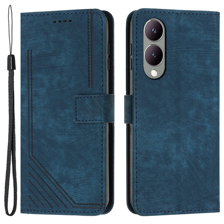 For vivo Y17s 4G Phone Case TPU+PU Leather Imprinted Skin-touch Wallet Stand Cover - Sapphire