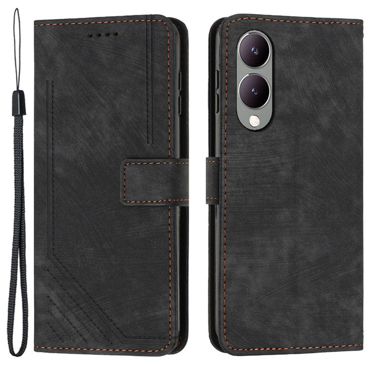 For vivo Y17s 4G Phone Case TPU+PU Leather Imprinted Skin-touch Wallet Stand Cover - Black