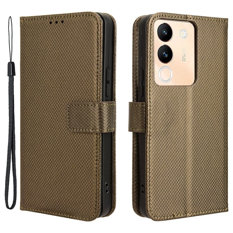 For vivo V29e (Global) 5G / Y200 (India) 5G Case Diamond Texture Leather Cover with Stand Wallet - Brown