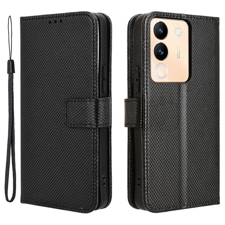 For vivo V29e (Global) 5G / Y200 (India) 5G Case Diamond Texture Leather Cover with Stand Wallet - Black