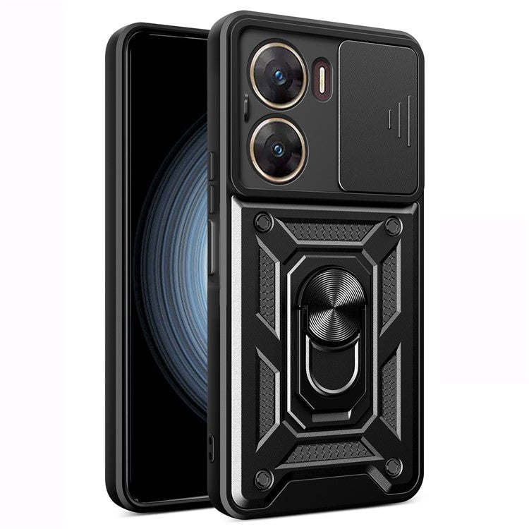 For vivo V29e (India) 5G Kickstand Case PC+TPU Cover with Slide Lens Protection - Black