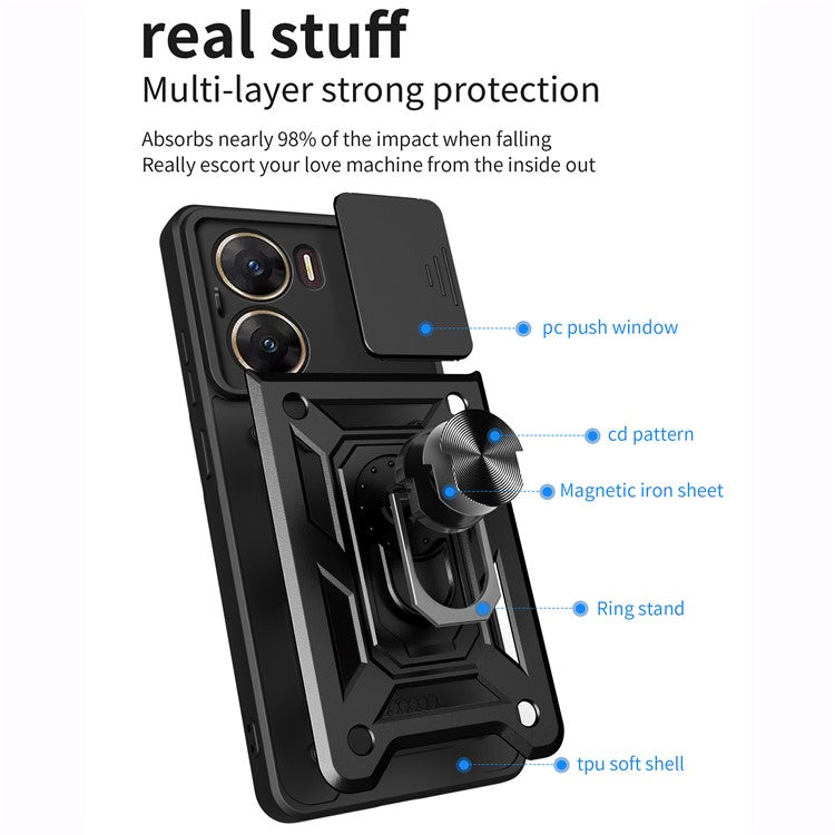 For vivo V29e (India) 5G Kickstand Case PC+TPU Cover with Slide Lens Protection - Black