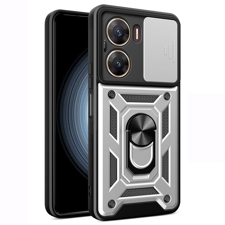 For vivo V29e (India) 5G Kickstand Case PC+TPU Cover with Slide Lens Protection - Silver