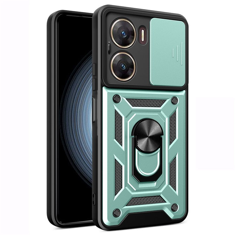 For vivo V29e (India) 5G Kickstand Case PC+TPU Cover with Slide Lens Protection - Green