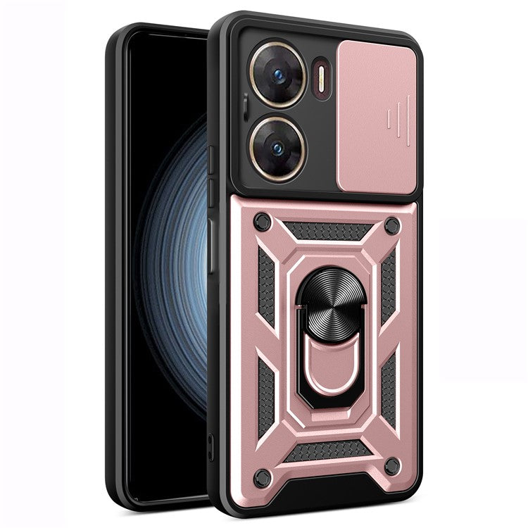 For vivo V29e (India) 5G Kickstand Case PC+TPU Cover with Slide Lens Protection - Rose Gold