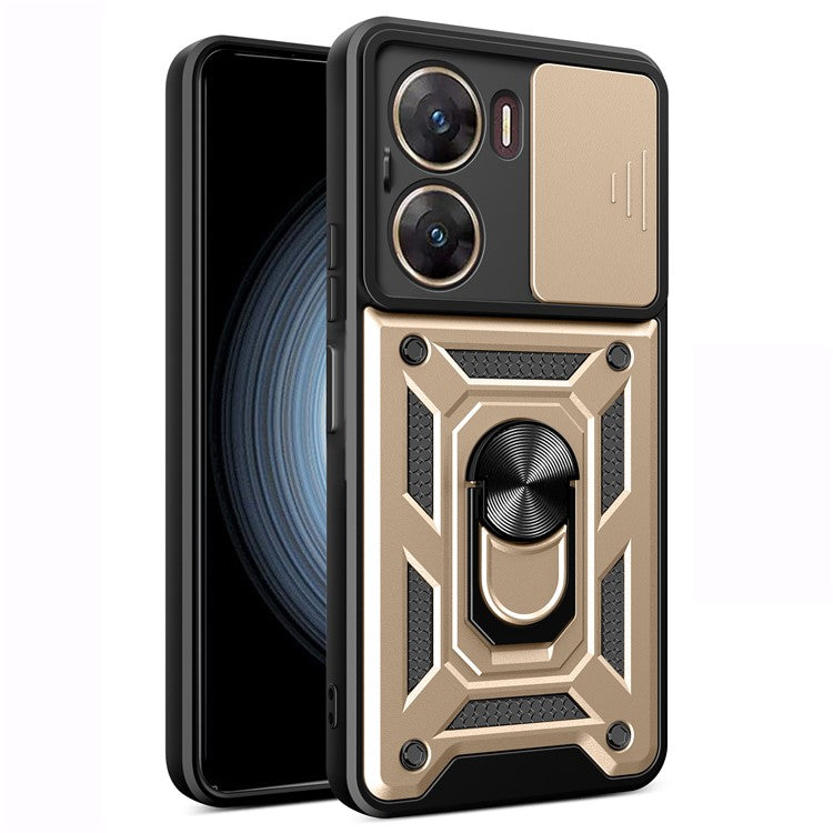 For vivo V29e (India) 5G Kickstand Case PC+TPU Cover with Slide Lens Protection - Gold