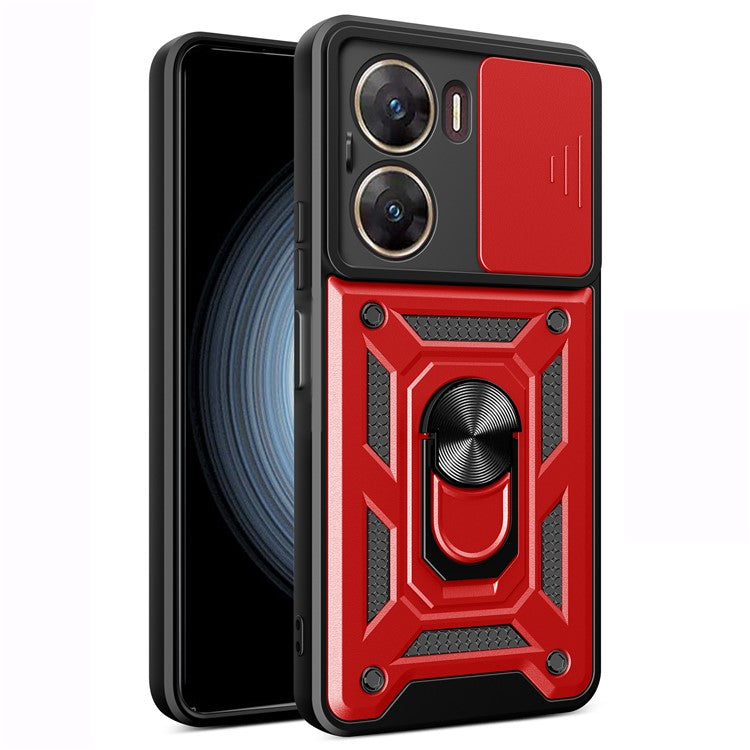 For vivo V29e (India) 5G Kickstand Case PC+TPU Cover with Slide Lens Protection - Red