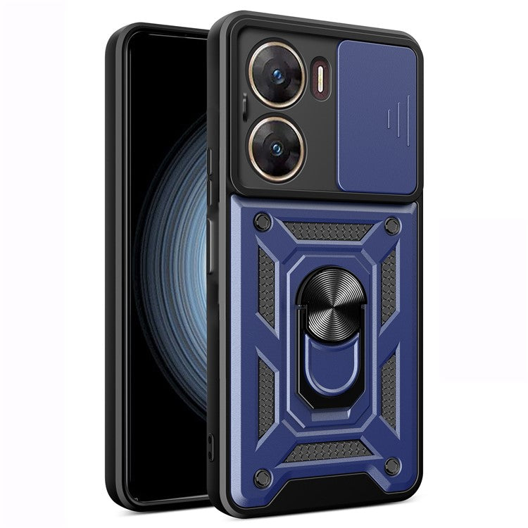 For vivo V29e (India) 5G Kickstand Case PC+TPU Cover with Slide Lens Protection - Blue