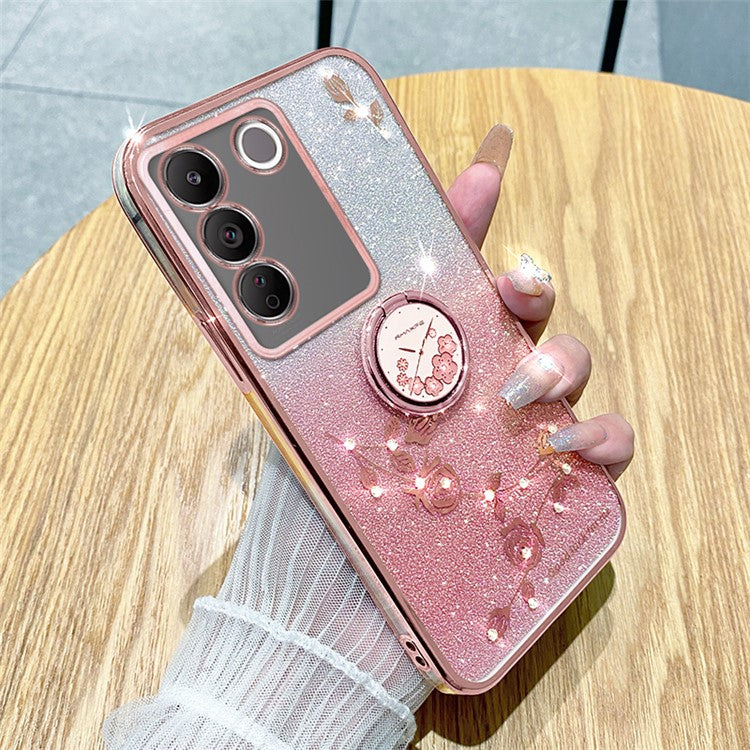 KADEM For vivo V29e (Global) 5G / Y200 4G Cell Phone Case Ring Kickstand Glitter TPU Cover - Rose Gold