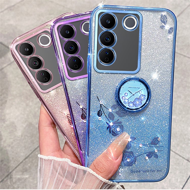 KADEM For vivo V29e (Global) 5G / Y200 4G Cell Phone Case Ring Kickstand Glitter TPU Cover - Purple