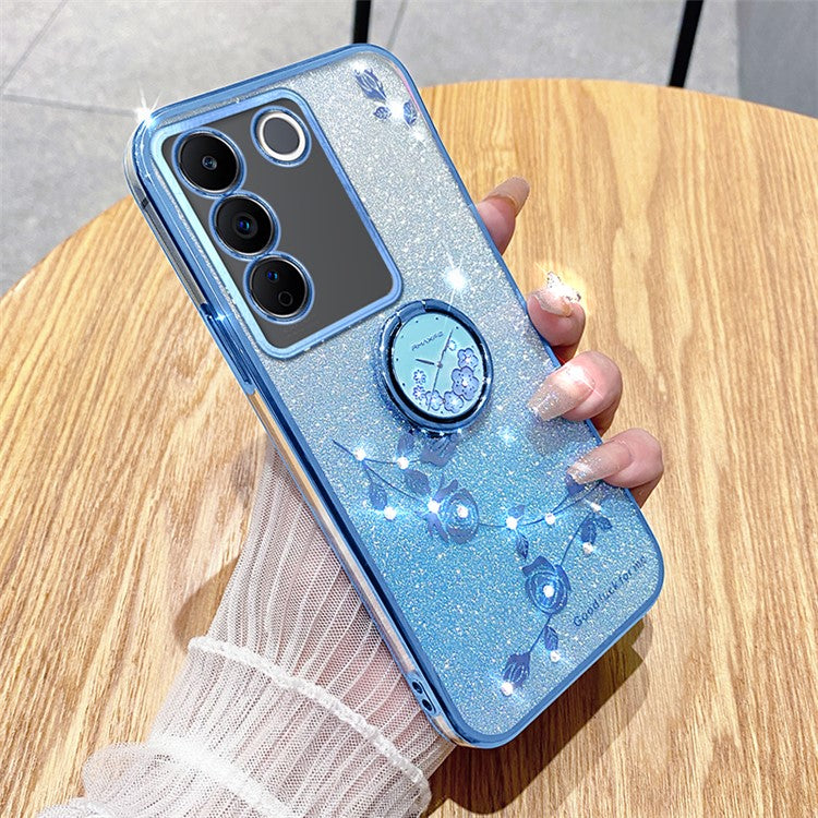 KADEM For vivo V29e (Global) 5G / Y200 4G Cell Phone Case Ring Kickstand Glitter TPU Cover - Blue