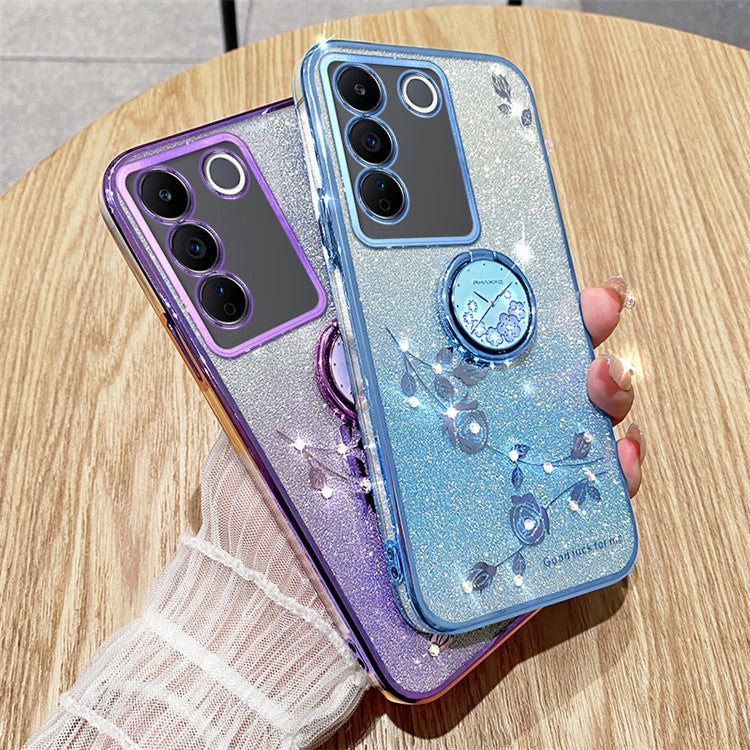 KADEM For vivo V29e (Global) 5G / Y200 4G Cell Phone Case Ring Kickstand Glitter TPU Cover - Blue