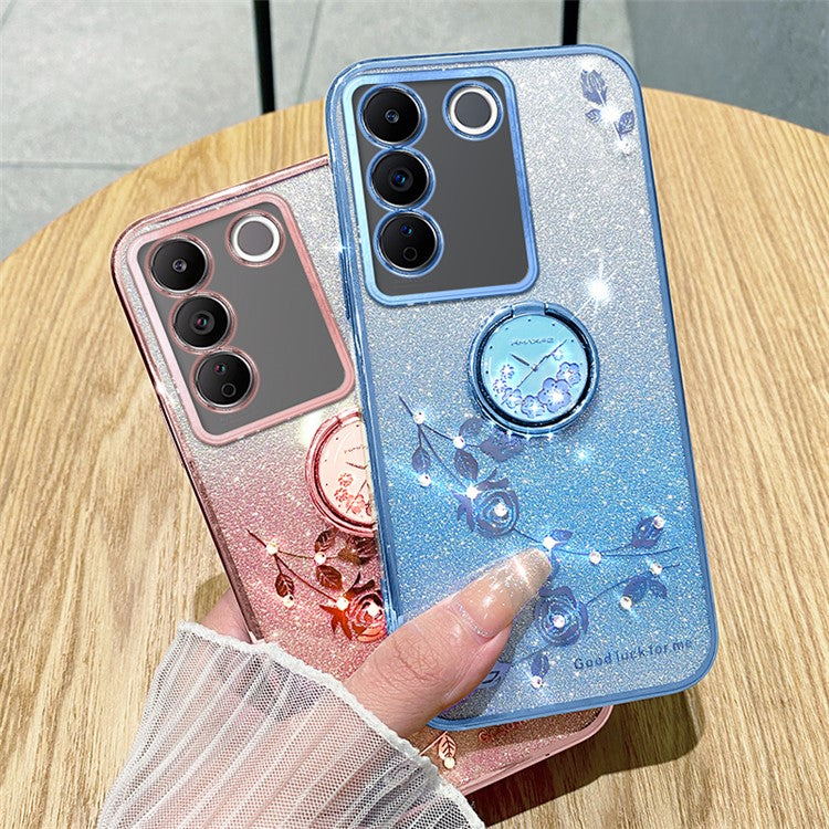 KADEM For vivo V29e (Global) 5G / Y200 4G Cell Phone Case Ring Kickstand Glitter TPU Cover - Blue