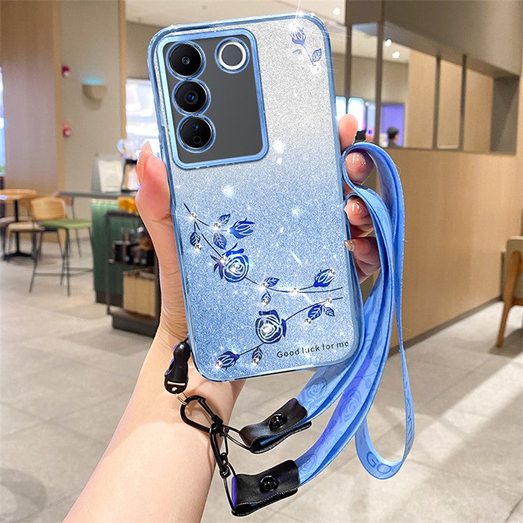 KADEM For vivo V29e (Global) 5G / Y200 4G Cover Flower Pattern TPU Cell Phone Case with Strap - Blue