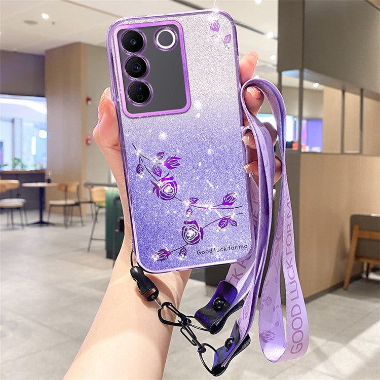 KADEM For vivo V29e (Global) 5G / Y200 4G Cover Flower Pattern TPU Cell Phone Case with Strap - Purple