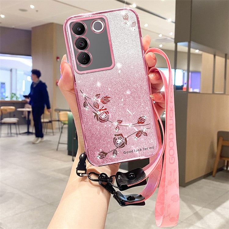 KADEM For vivo V29e (Global) 5G / Y200 4G Cover Flower Pattern TPU Cell Phone Case with Strap - Rose Gold