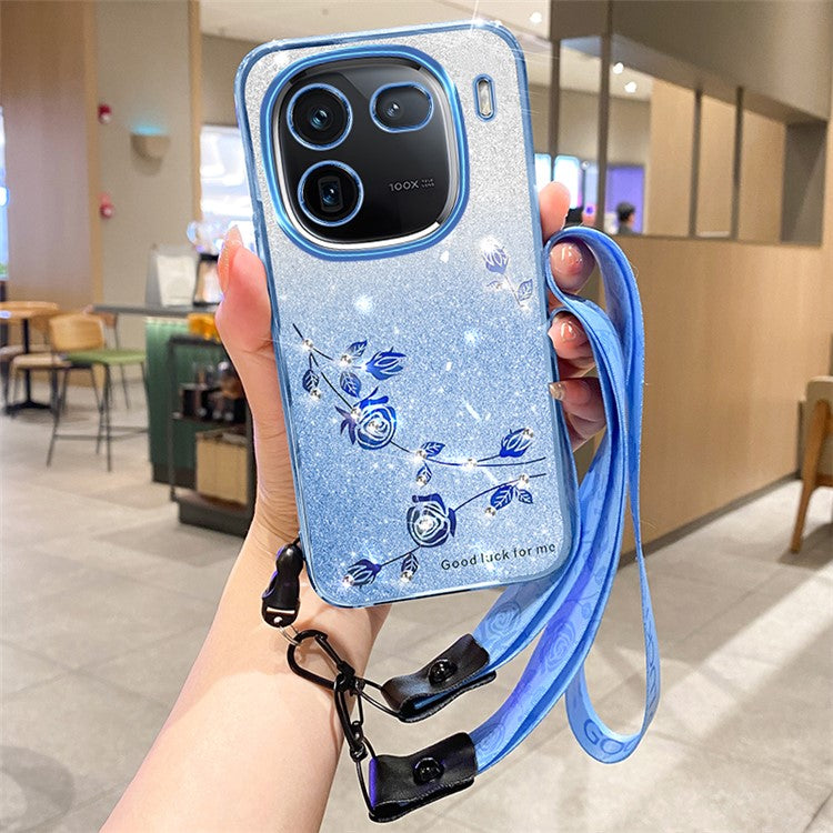 KADEM For vivo iQOO 12 Pro 5G Cover Rhinestone Decor TPU Cell Phone Case with Strap - Blue