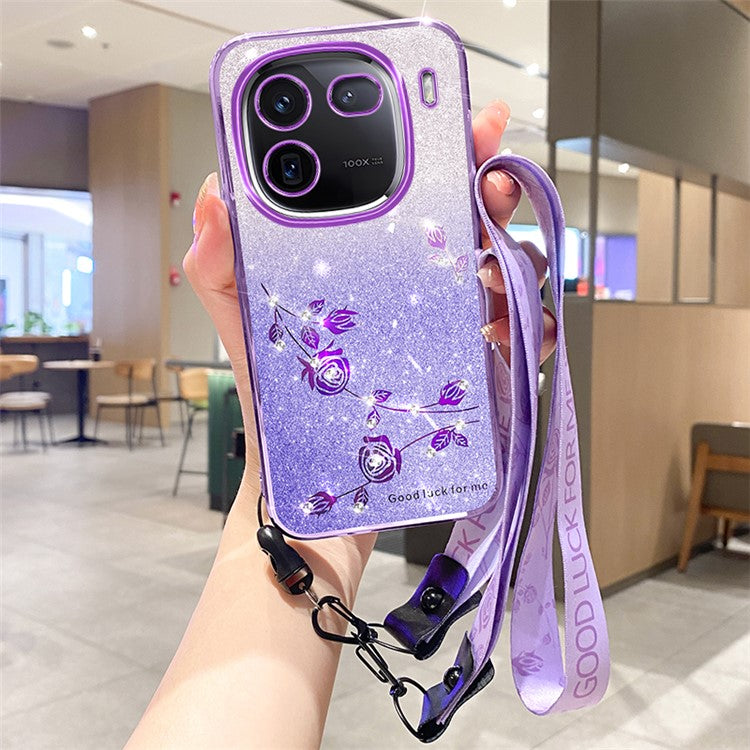 KADEM For vivo iQOO 12 Pro 5G Cover Rhinestone Decor TPU Cell Phone Case with Strap - Purple