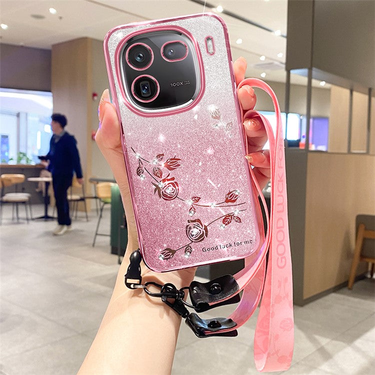 KADEM For vivo iQOO 12 Pro 5G Cover Rhinestone Decor TPU Cell Phone Case with Strap - Rose Gold