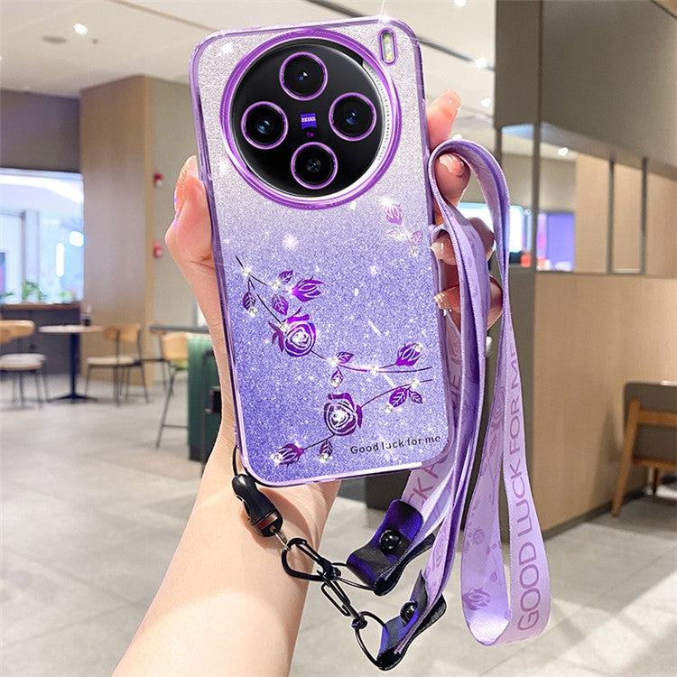 KADEM For vivo X100 5G Cover Rhinestone Decor TPU Cell Phone Case with Strap - Purple