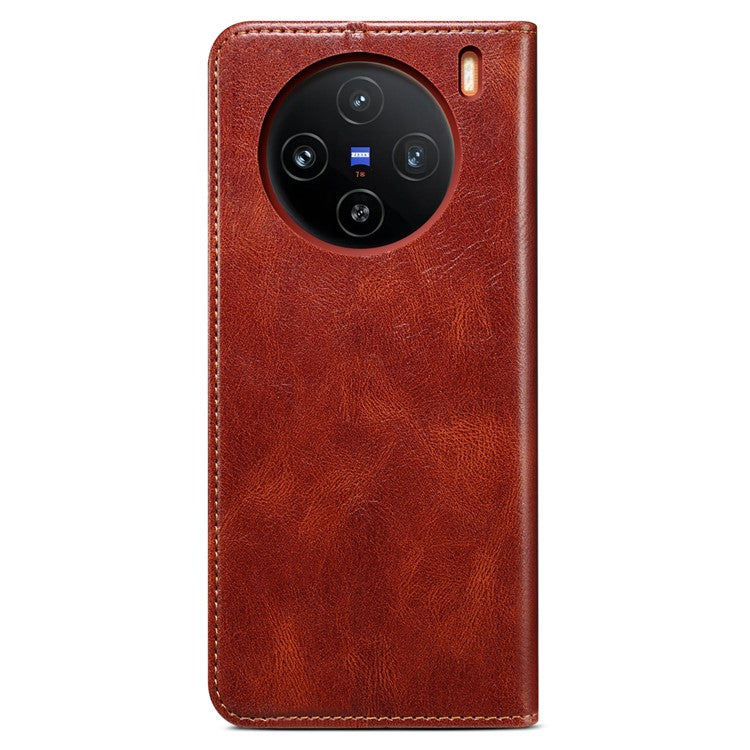 For vivo X100 5G Cell Phone Case Stand Wallet Crazy Horse Texture Waxy Leather Cover - Brown