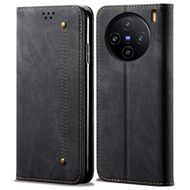 For vivo X100 5G Cell Phone Case Jeans Cloth Texture Wallet Stand Leather Cover - Black