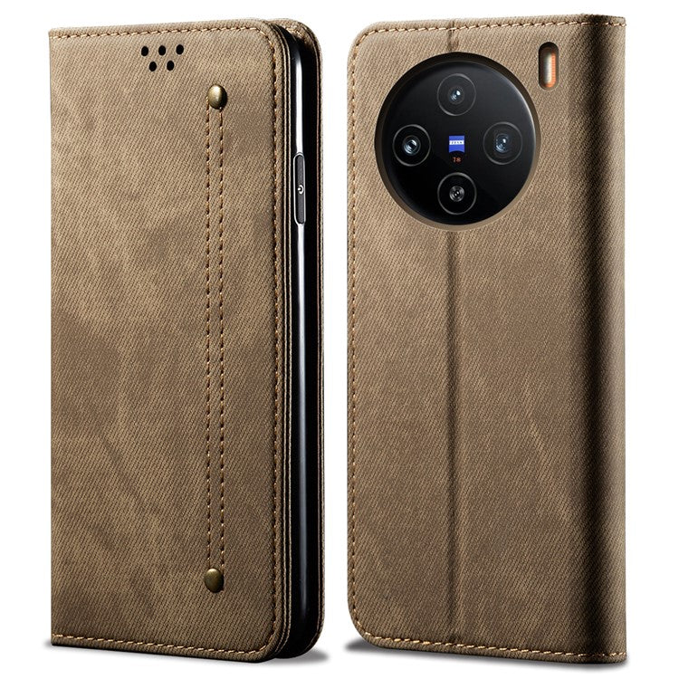 For vivo X100 5G Cell Phone Case Jeans Cloth Texture Wallet Stand Leather Cover - Khaki