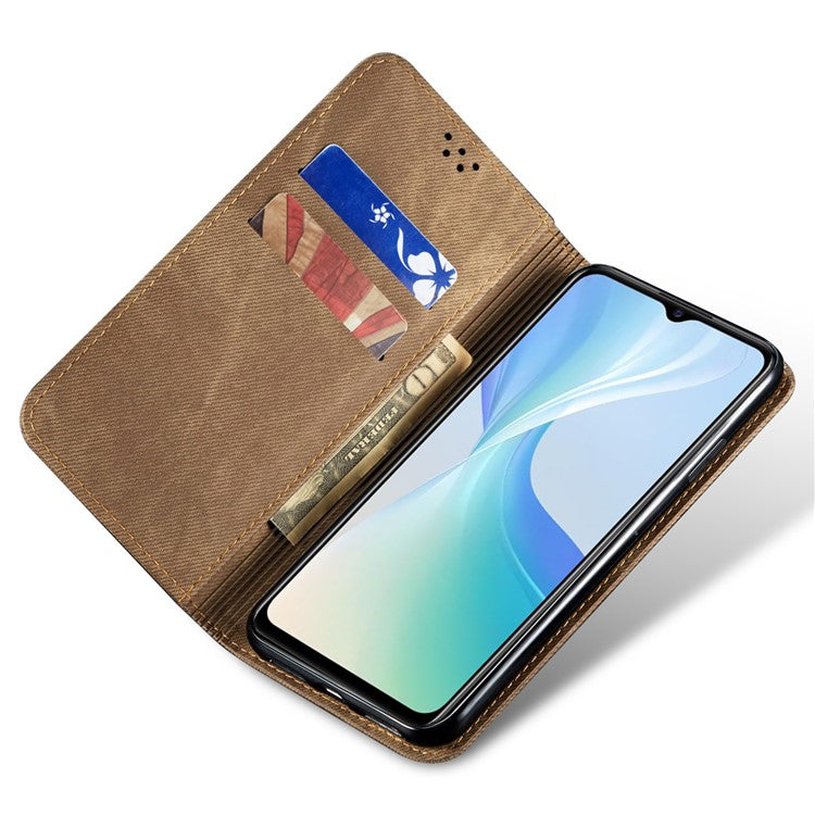 For vivo X100 5G Cell Phone Case Jeans Cloth Texture Wallet Stand Leather Cover - Khaki