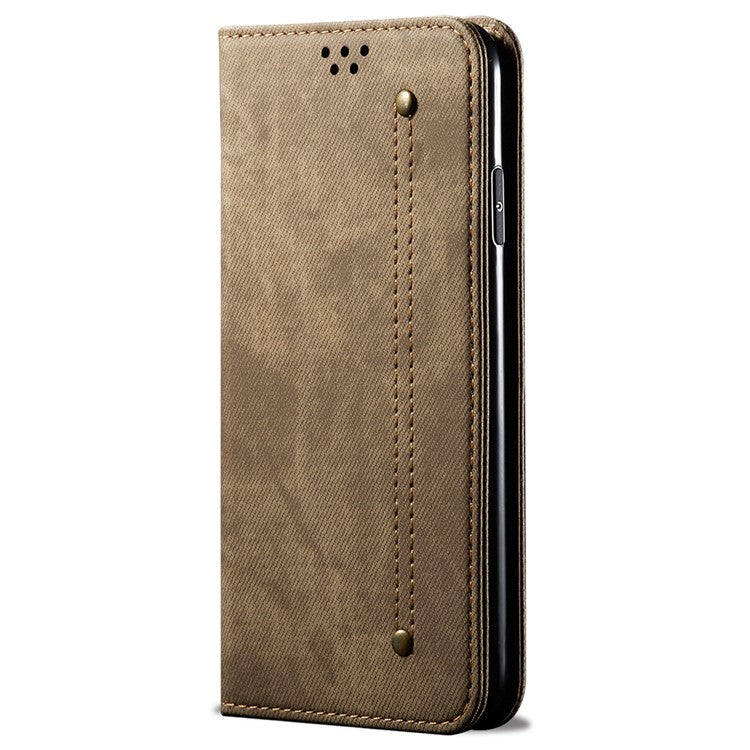 For vivo X100 5G Cell Phone Case Jeans Cloth Texture Wallet Stand Leather Cover - Khaki