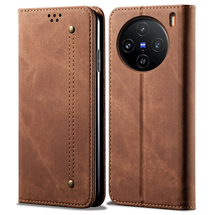 For vivo X100 5G Cell Phone Case Jeans Cloth Texture Wallet Stand Leather Cover - Coffee