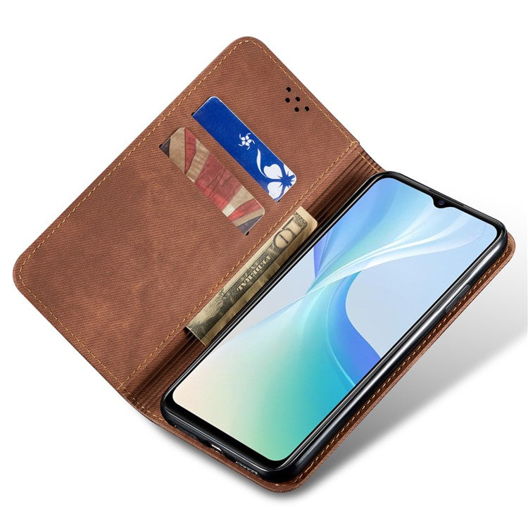 For vivo X100 5G Cell Phone Case Jeans Cloth Texture Wallet Stand Leather Cover - Coffee