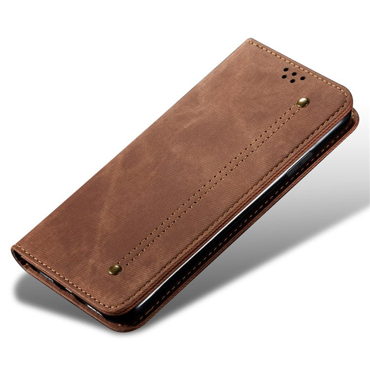 For vivo X100 5G Cell Phone Case Jeans Cloth Texture Wallet Stand Leather Cover - Coffee