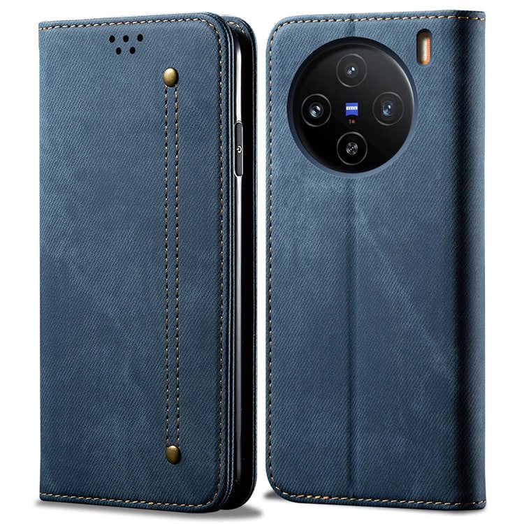 For vivo X100 5G Cell Phone Case Jeans Cloth Texture Wallet Stand Leather Cover - Blue