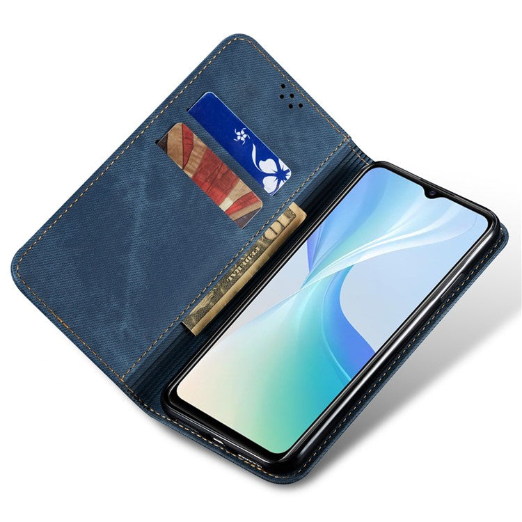 For vivo X100 5G Cell Phone Case Jeans Cloth Texture Wallet Stand Leather Cover - Blue