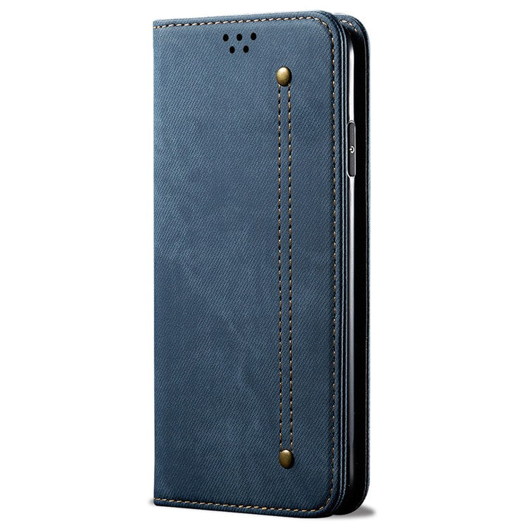 For vivo X100 5G Cell Phone Case Jeans Cloth Texture Wallet Stand Leather Cover - Blue