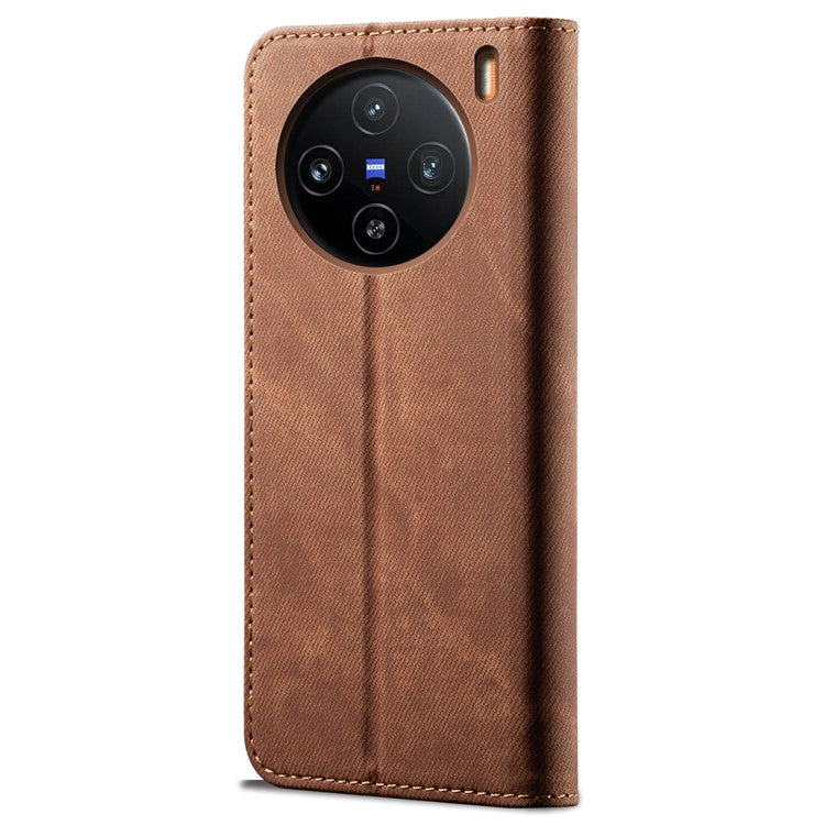 For vivo X100 Pro 5G Cell Phone Case Jeans Cloth Texture Wallet Anti-fall Leather Cover - Coffee