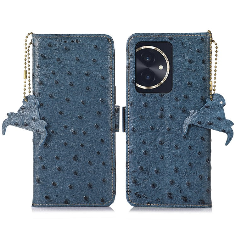 For Honor 100 5G Case RFID Blocking Genuine Cow Leather Phone Cover - Blue