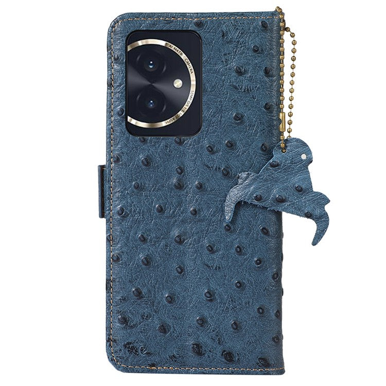 For Honor 100 5G Case RFID Blocking Genuine Cow Leather Phone Cover - Blue