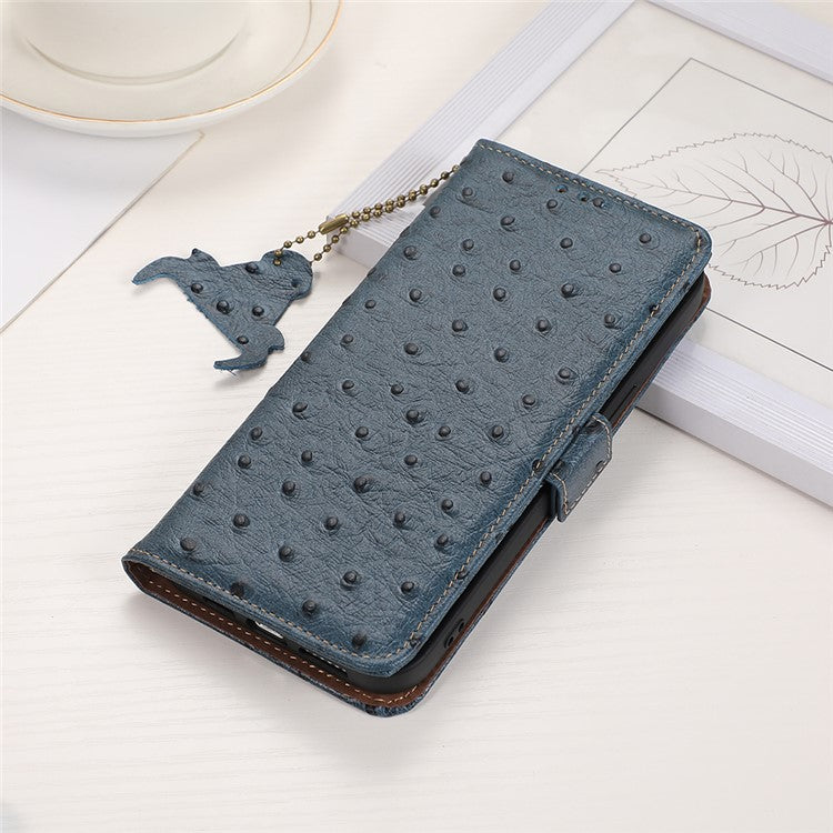 For Honor 100 5G Case RFID Blocking Genuine Cow Leather Phone Cover - Blue