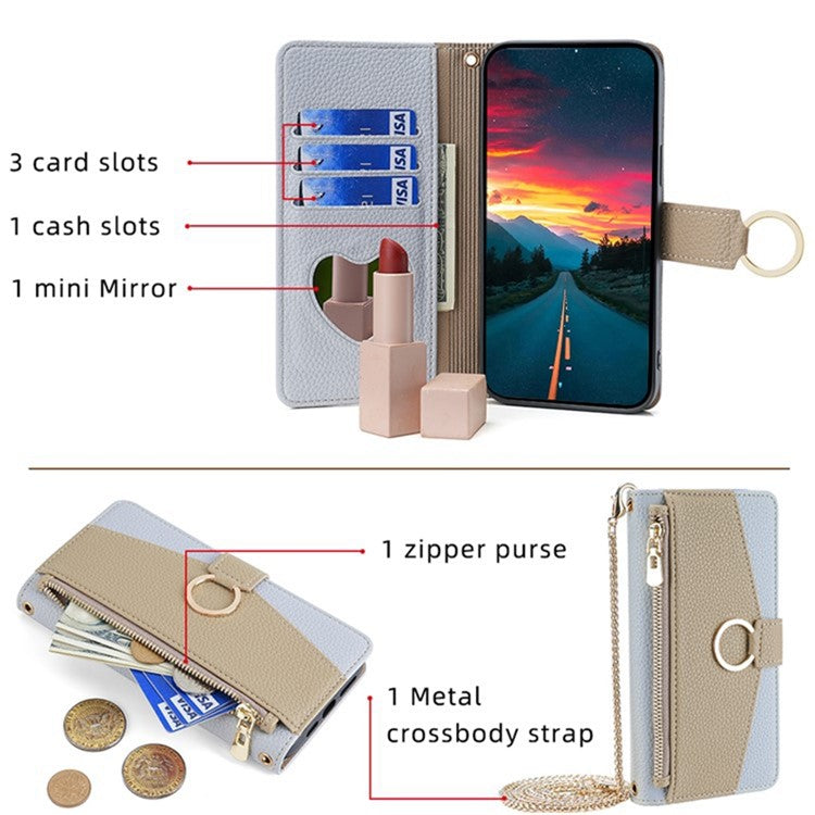 For vivo V29e (Global) 5G Case Zipper Pockets Leather Phone Cover with Strap - Blue